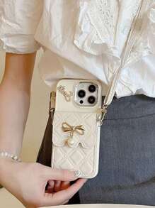 Argyle-patroon 1 st. Zwart 3D Strass Letter Strik Parel Kaarthouder Telefoonhoesje, Compatibel met iPhone 16/15/14/13 Pro Max, 12 Pro Zachte Volledige Wikkelhoes, 8 Plus Crossbody Voor Vrouwen