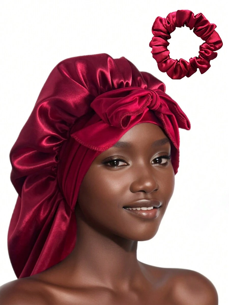 1 bộ mũ ngủ buộc dài màu đỏ tía thời trang & dây buộc tóc, bộ chăm sóc tóc - Màu Đỏ Sâu - Xem 1