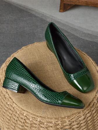 1 par dammode fyrkantig tå stentextur Slip-on blockklackpumpar för resor, shopping, retro fritidskläder, grönt mångsidigt high-end