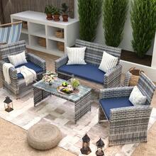 AMOPATIO Wide Armrest Outdoor Patio Furniture Set,4 Pieces Rattan Sectional Sofa With Tempered Glass Coffee Table And Cushions For Family Gatherings,Balcony Porch Garden(Black/Cream)