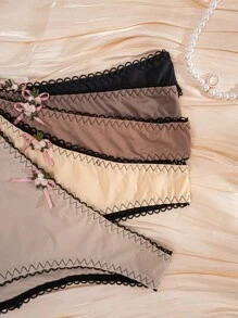 5pcs/Pack Women's Solid Color Flower & Bow Decor Comfort Panties
