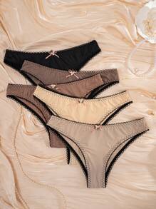 5pcs/Pack Women's Solid Color Flower & Bow Decor Comfort Panties