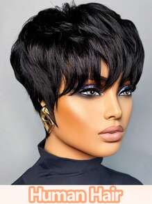 Pixie Cut Wig With Bangs Glueless Human Hair Straight Wigs Non-Lace Rose Net Cap 180% Density Machine Made Remy Suitable For African Women Basic Style Women's Pixie Cut Wig With Bangs