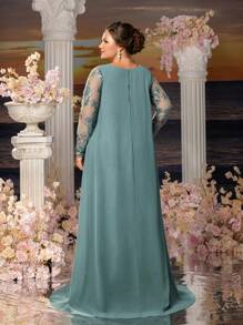 Faeriesty Mosy Plus-Size Elegant Lace Embroidered Maxi Dress For Weddings & Formal Events | Sophisticate Feminine Silhouette With Flowing Design (Spring/Summer) - Cadet Blue - View 3