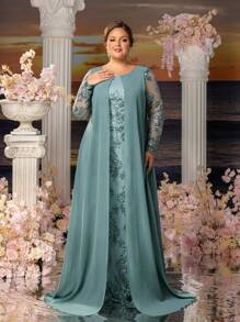 Faeriesty Mosy Plus-Size Elegant Lace Embroidered Maxi Dress For Weddings & Formal Events | Sophisticate Feminine Silhouette With Flowing Design (Spring/Summer) - Cadet Blue - View 8