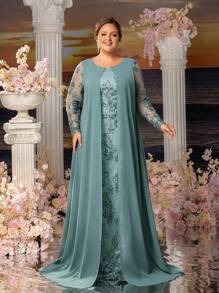 Faeriesty Mosy Plus-Size Elegant Lace Embroidered Maxi Dress For Weddings & Formal Events | Sophisticate Feminine Silhouette With Flowing Design (Spring/Summer) - Cadet Blue - View 2