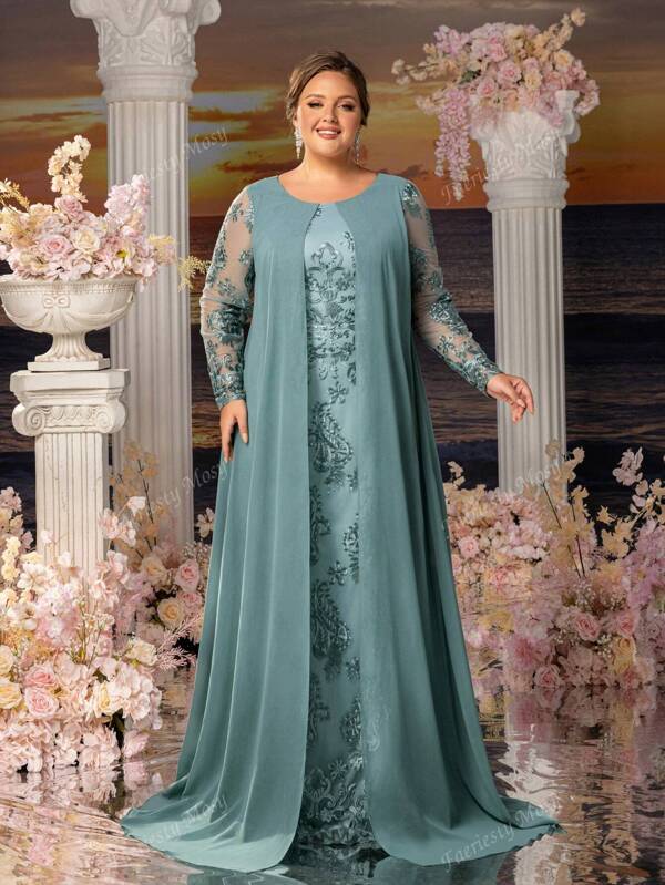 Faeriesty Mosy Plus-Size Elegant Lace Embroidered Maxi Dress For Weddings & Formal Events | Sophisticate Feminine Silhouette With Flowing Design (Spring/Summer)