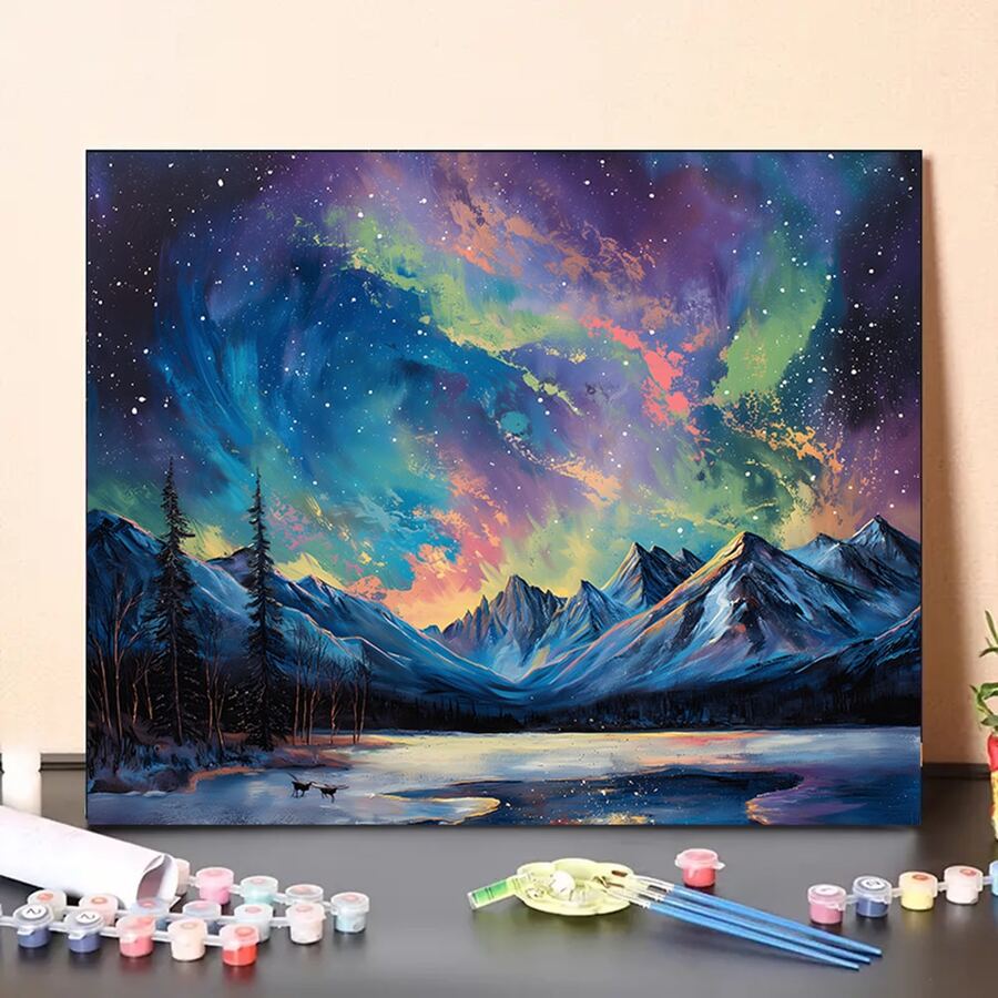 Aurora Northern Lights 数码绘画套装（成人版）DIY 帆布绘画套装（包括丙烯酸颜料和画笔），无框 16x20 英寸 - 通过鲜艳的色彩和精致的艺术表达创造力