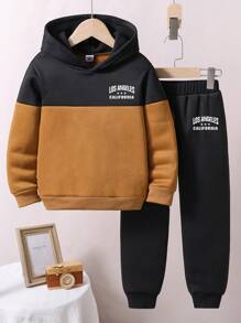 Tween Boy Two Tone Letter Graphic Thermal Hoodie & Sweatpants - Black - View 1