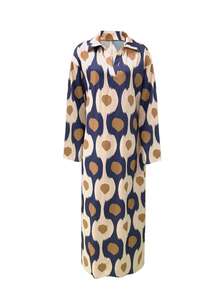 Women's Retro Geometric Print V-Neck Long Sleeve Casual Elegant Dress