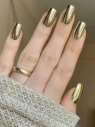 VV MEI JIA ER 24pcs Short Square Press On Nails - Cool Metallic Mirror Light Gold False Nails | Punk Metal Chrome Finish Short Reusable Fake Nails In 12 Sizes - Nail Kits As Gift For Women And Girls & 1sheet Tape & 1pc Nail File Nail Supplies