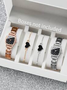4 peças/conjunto de relógio de quartzo feminino quadrado minimalista com mostrador pequeno e pulseira com pingente de coração