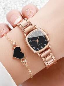 4 peças/conjunto de relógio de quartzo feminino quadrado minimalista com mostrador pequeno e pulseira com pingente de coração