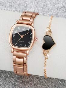 4 peças/conjunto de relógio de quartzo feminino quadrado minimalista com mostrador pequeno e pulseira com pingente de coração