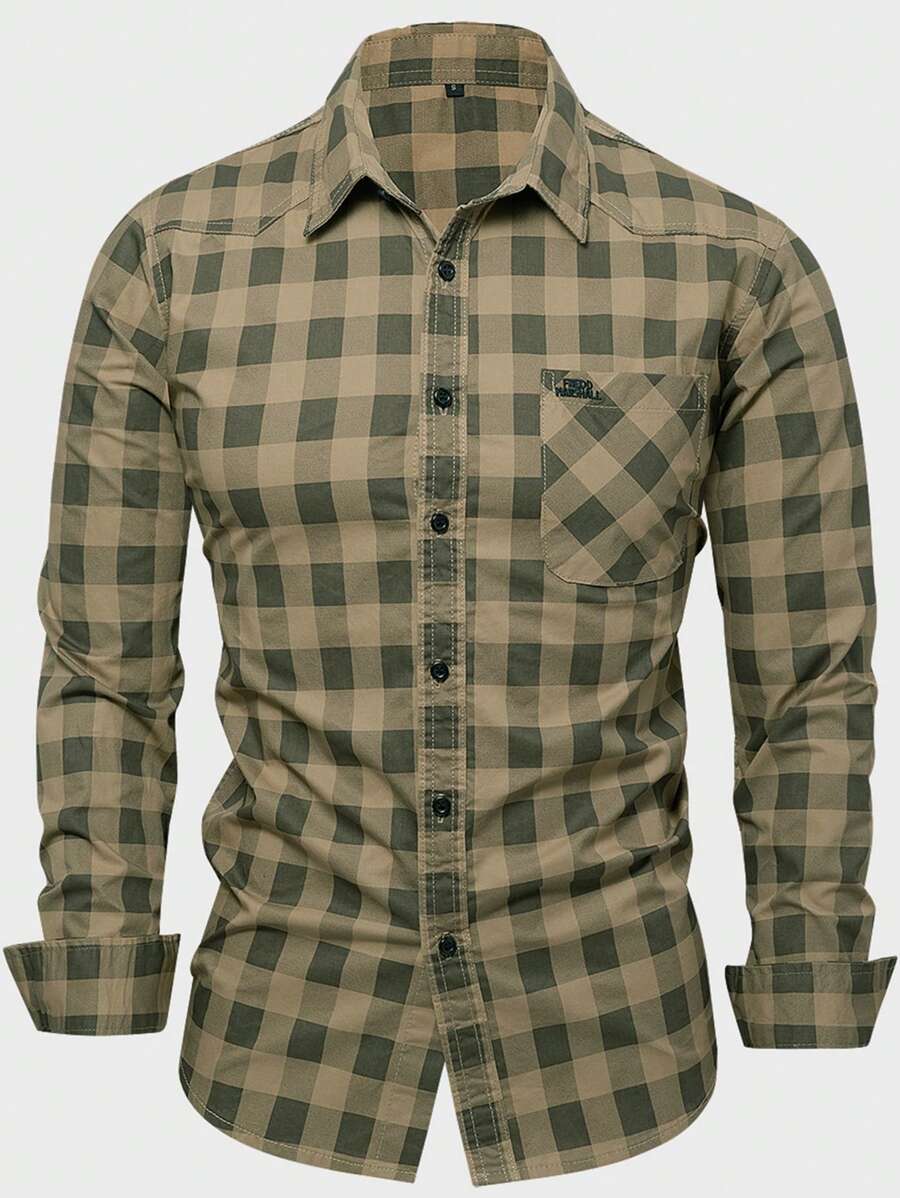 FREDD MARSHALL Men's Solid Color Long Sleeve Cargo Work Pockets Button-Down Shirts With Metal Badge - 卡其色 - 查看 1