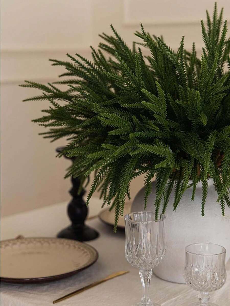 6 件 50 厘米塑料柏树枝，适用于秋冬季家居装饰、圣诞装饰、桌面装饰、客厅和卧室装饰、花瓶 DIY - 軍綠色 - 查看 1