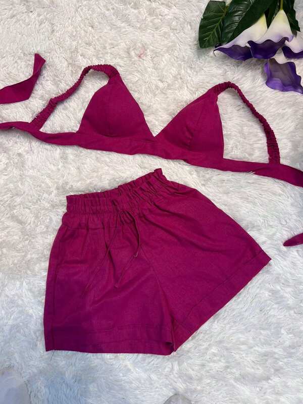 H MODA KIT de conjunto de blusinha cropped curta e short com elastano na cintura simples feminina