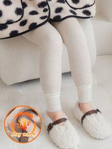 [秋冬] 1 件女童加厚条纹紧身裤，温暖舒适的打底裤，经典搭配，适合秋冬日常装或节日送礼 - 卡其色 - 查看 1