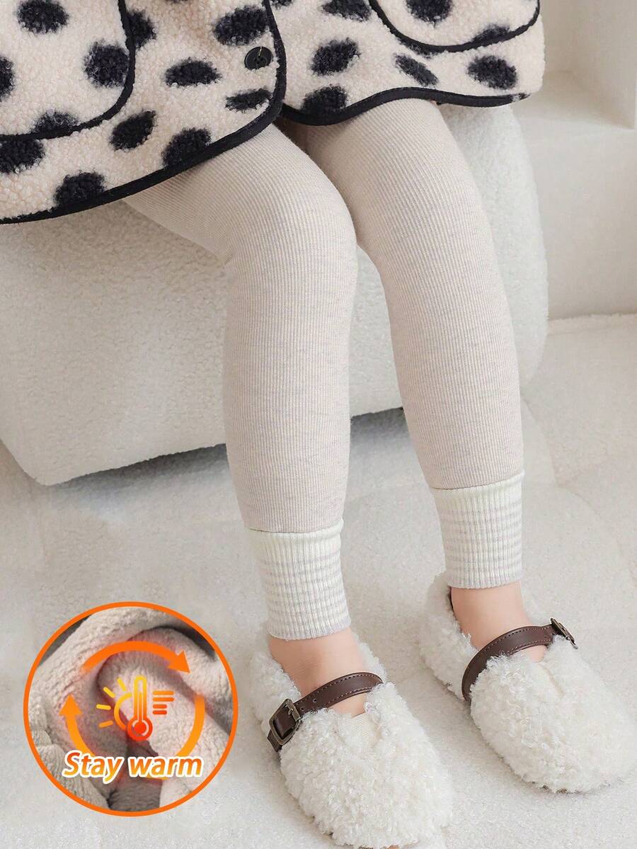 [秋冬] 1 件女童加厚条纹紧身裤，温暖舒适的打底裤，经典搭配，适合秋冬日常装或节日送礼 - 卡其色 - 查看 1
