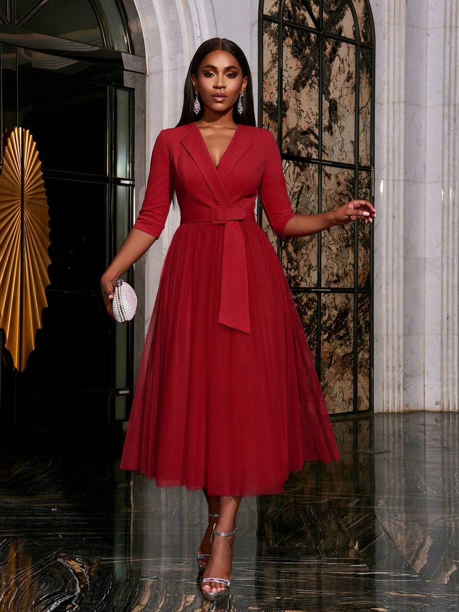 Elegantes Cocktailkleid mit Kreuzausschnitt und Krawatte, knielang, Partykleid, Hochzeitsgast-Kleid, Abendkleid, Abendgarderobe, Langes Kleid