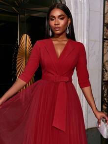 Elegantes Cocktailkleid mit Kreuzausschnitt und Krawatte, knielang, Partykleid, Hochzeitsgast-Kleid, Abendkleid, Abendgarderobe, Langes Kleid - Rot - Übersicht 9