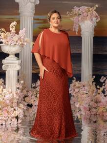 Faeriesty Vestidos de la madre de la novia con capa de gasa de contraste y encaje Mosy Plus - Óxido marrón - Ver 4