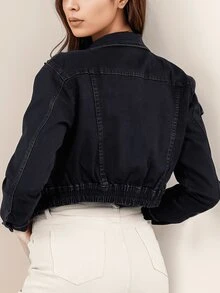 White Denim Cropped Jacket With Distressed Details, Modern And Versatile - Black N239 - View 3