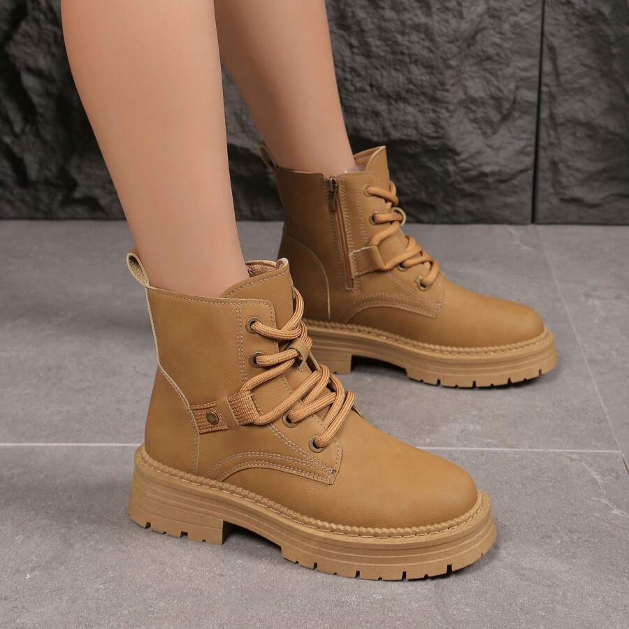 Damen Stiefel mit seitlichem Reißverschluss, lässig, mit dicker Sohle und Retro-Design - Kamelfarben - Übersicht 1