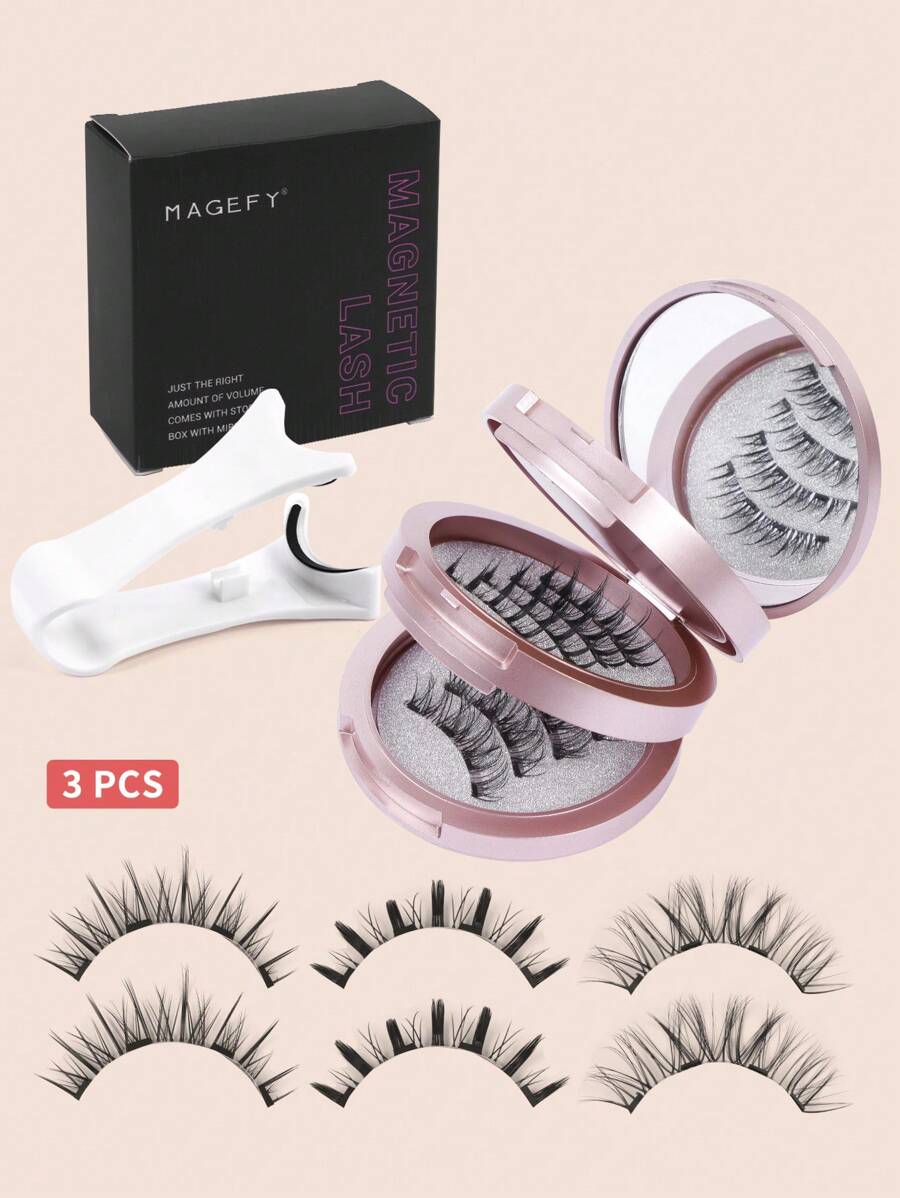 3 Pairs Magnetic False Eyelashes Kit With Mirror & Applicator Reusable Glue-Free Eyelashes Natural Manga Eyelashes Cat Eye Fluffy Faux Mink Eye Lashes With Tweezers Makeup Tool For Beauty, Travel, Daily Work,Halloween,Cosplay - 黑色 - 查看 1