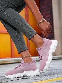 Damen Neon Grün Dicke Sohle Schnür-Strick Sport Sneaker - leicht, atmungsaktiv, vielseitig, einfaches Mesh Design, bequeme Athletik, Gehen, Reise, Fitness Schuhe - Pink - Übersicht 4