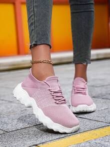 Damen Neon Grün Dicke Sohle Schnür-Strick Sport Sneaker - leicht, atmungsaktiv, vielseitig, einfaches Mesh Design, bequeme Athletik, Gehen, Reise, Fitness Schuhe - Pink - Übersicht 2