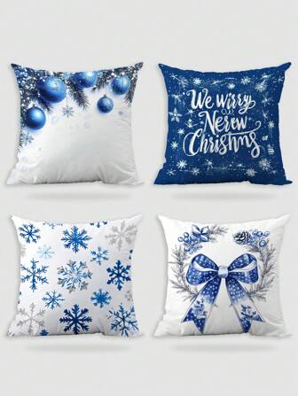 4 Pcs / 1 Pc Blue Christmas Joyful Christmas Bow Snowflake Pattern Pillowcase Short Plush Printed Super Soft Cushion Cover For Sofa Bedroom Living Room Home Decoration With Invisible Zipper, Pillowcase Does Not Include Pillow Core.