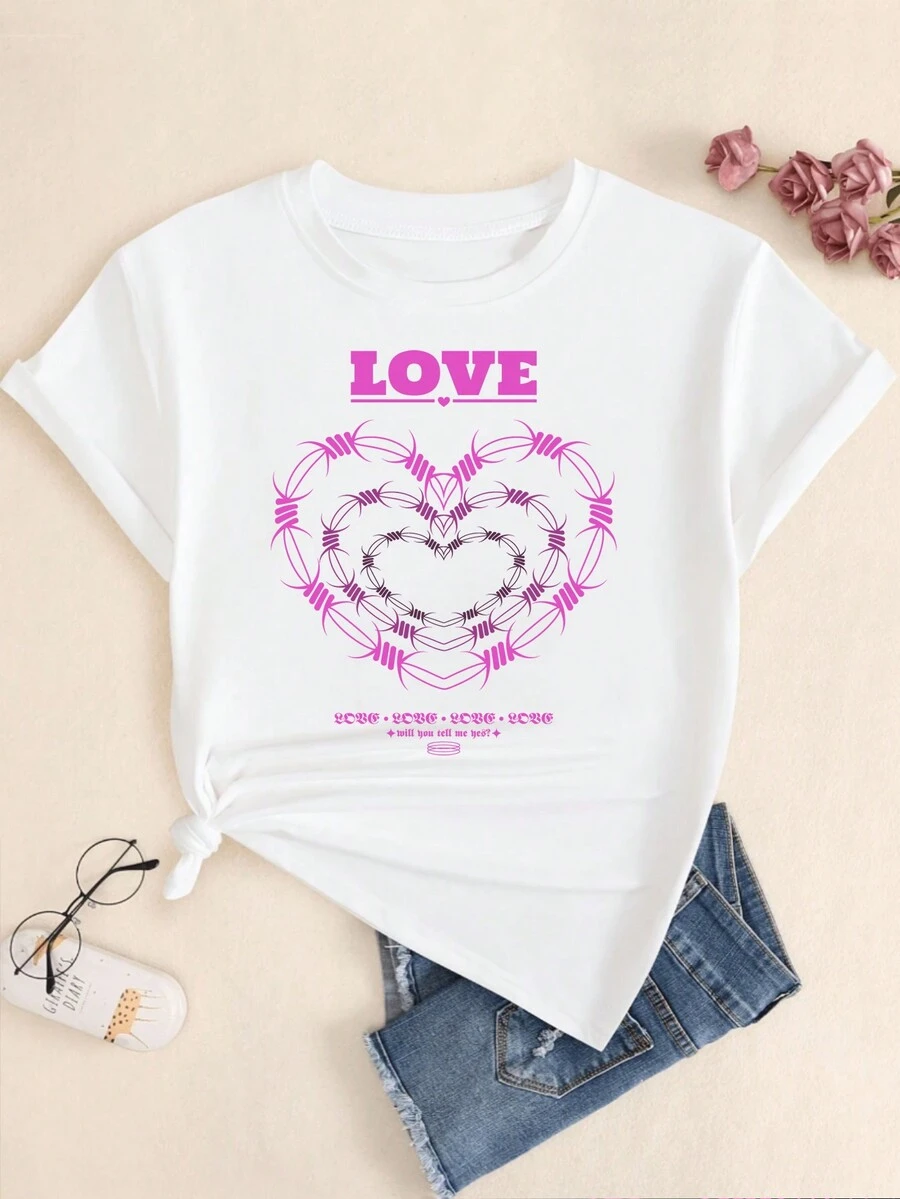 Love Heart Printed T-Shirt Women's Fashion Casual Premium Comfort Blouse - 白色的 - 查看 1