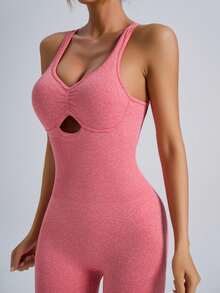 NcmRyu Women Solid Color Seamless Ribbed Adjustable Strap Skinny Fit Jumpsuit, Peach Hip, Suitable For Fitness Shapewear Bodysuit - Red - View 2