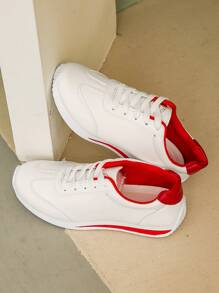 Women's Lace-Up Flat Slip-Resistant Running Shoes, Spring & Autumn, Plus Size 35-43, Hiking, Dancing, Fitness, Casual White Leather Sneakers - Red - View 1