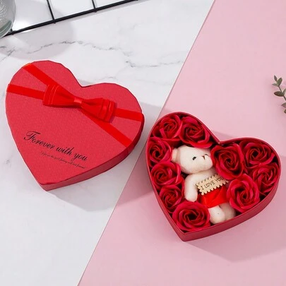 1pc Red Artificial Flower & 1pc Heart-Shaped Storage Box, Romantic Simulation Flower Home Decor And Party Decoration