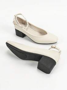 New Arrivals Fashion Mary Jane Buckle Closed Toe Women Thick High Heel Wedding Shoes - Apricot - View 6