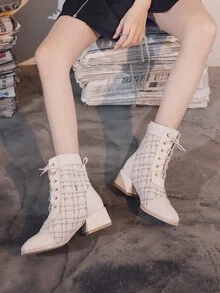 女士时尚系带英伦风靴子，百搭细跟短靴 - 米色 - 查看 6