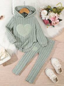 2 pezzi Set casual di moda per bambine, composto da felpa con cappuccio ricamata a cuori a righe e leggings, per l'autunno
