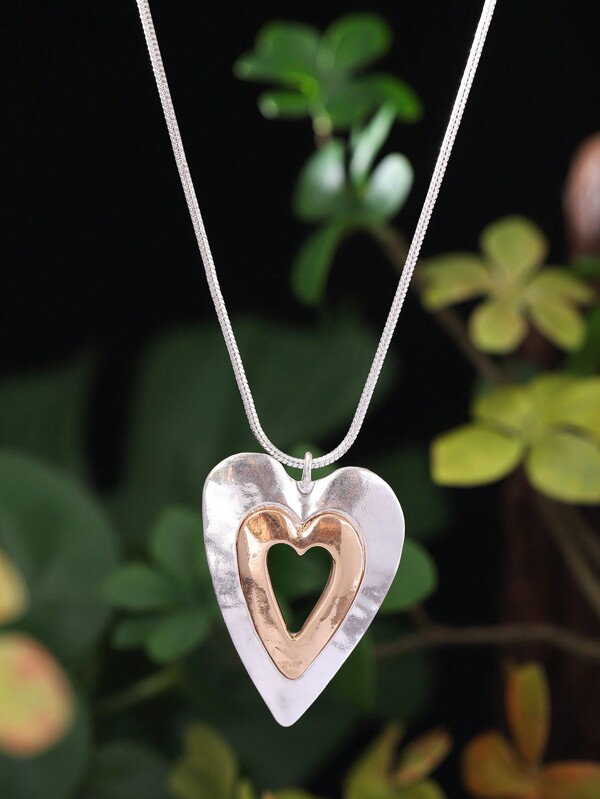 Cring Coco 1pc Fashionable Elegant Vintage Casual Gold/Silver Zinc Alloy Double Layer Heart Decor Long Necklace, Suitable For Women Daily Wear, Vacation, Party, Valentine's Day Gift