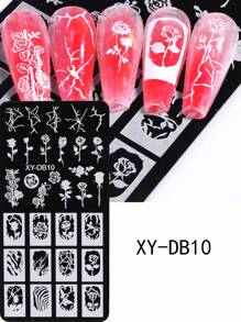 1件猫咪与新月美甲印花板，配玫瑰花、爱心Y2K图案设计，美甲印花模板，美甲配件工具，适合女性和女孩使用 - 銀色 - 查看 15