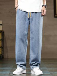 男士斜插口袋、抽绳、松紧腰、水洗牛仔裤、宽松直筒休闲裤、时尚百搭阔腿牛仔裤 - 中等水洗藍 - 查看 3