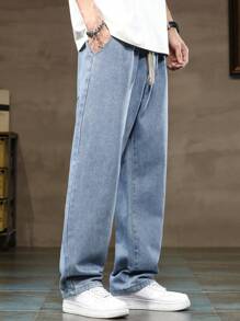 男士斜插口袋、抽绳、松紧腰、水洗牛仔裤、宽松直筒休闲裤、时尚百搭阔腿牛仔裤 - 中等水洗藍 - 查看 4