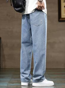 男士斜插口袋、抽绳、松紧腰、水洗牛仔裤、宽松直筒休闲裤、时尚百搭阔腿牛仔裤 - 中等水洗藍 - 查看 7