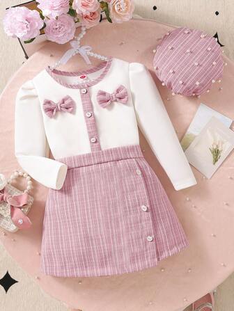 3pcs/Set Young Girl Fashionable Casual Bow Crop Top + Plaid Skirt Shorts + Matching Beret Hat