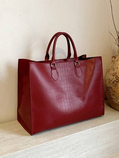 Bolso de mano vintage de alta calidad Ankula en color burdeos, nueva moda de otoño/invierno todo a juego, de gran capacidad, unicolor con textura de cocodrilo, adecuado para damas de oficina, ir y venir, laptop, salidas diarias, compras, bolso de mamá, gran tamaño para llevar, el mejor regalo del Día de la Madre, bolso de moda en color burdeos, bolso rojo