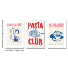 Set di 3 stampe su tela con immagini di cibo e bevande, cartellone d'arte per la cucina, stile retrò francese, con motivi come pasta, caffè e pane, quadri senza cornice per decorazione minimale per cameretta, appartamento, sala da pranzo, soggiorno, casa moderna