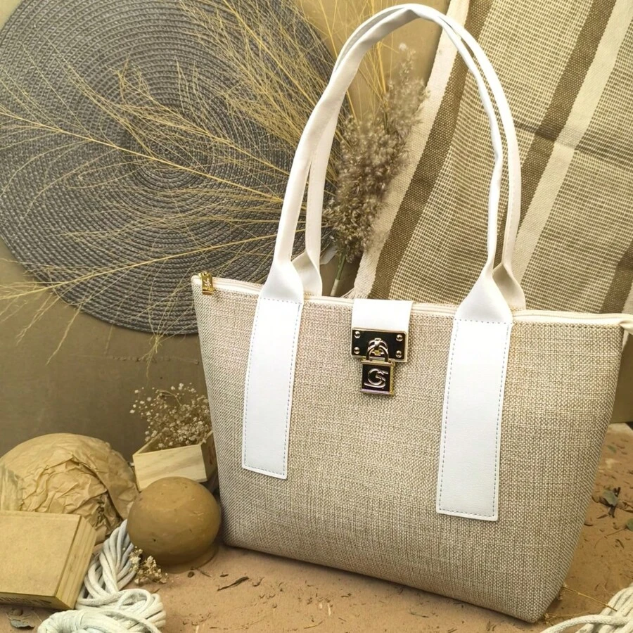 Women's Bag Tropical Padlock Bag Premium Line, Hand And Shoulder Bag, School Bag, School Backpack, Beach Fashion Bag, Spring/Summer, Teenagers, Young People, Teachers, University Students, College, Beach, Holidays, Structured Bag, Fabric And Synthetic PU Finish, Satin Internal Lining And Zipper And Magnetic Closure. Gaby Show - 白色 - 查看 1