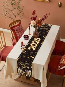 1pc 2025 New Year's Eve Table Runner, Polyester Black Gold Happy New Year Table Cover, Black Gold Champagne 2025 Happy New Year Party Kitchen Decorations Background Table Runner, Black Gold Home Decor Table Decor Party Tablecloth Supplies, New Year Gifts
