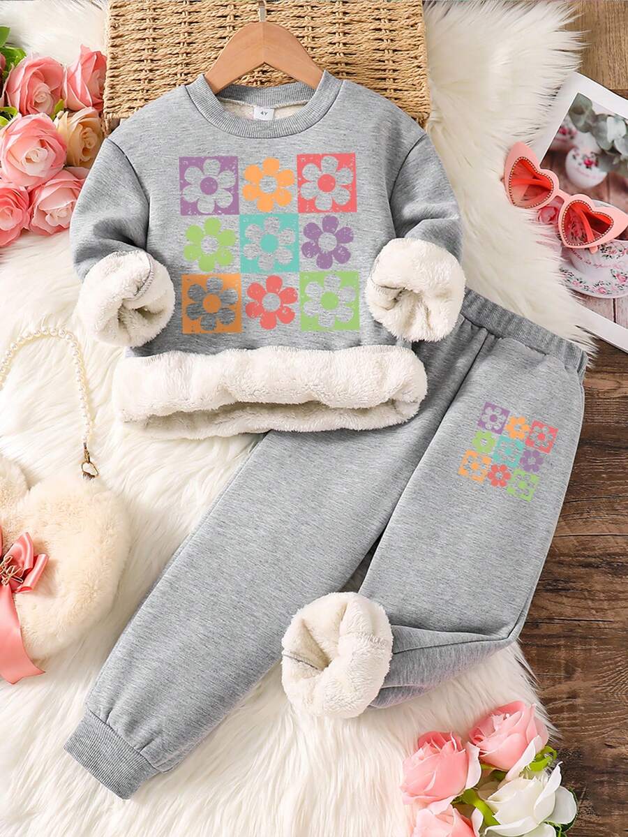 幼儿卡通印花保暖圆领运动衫和运动裤套装 - 灰色 - 查看 1